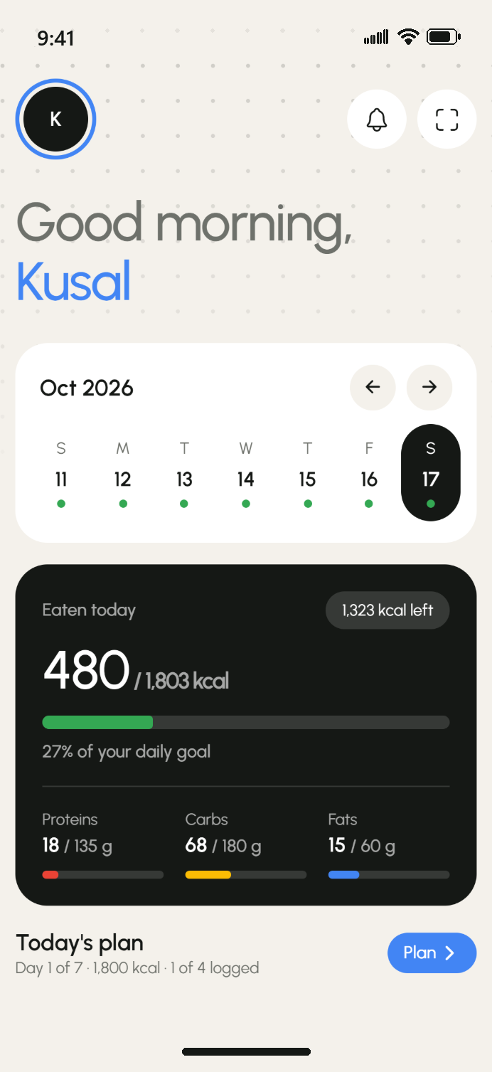 GoLiveHealthy home screen showing calories eaten today and macros